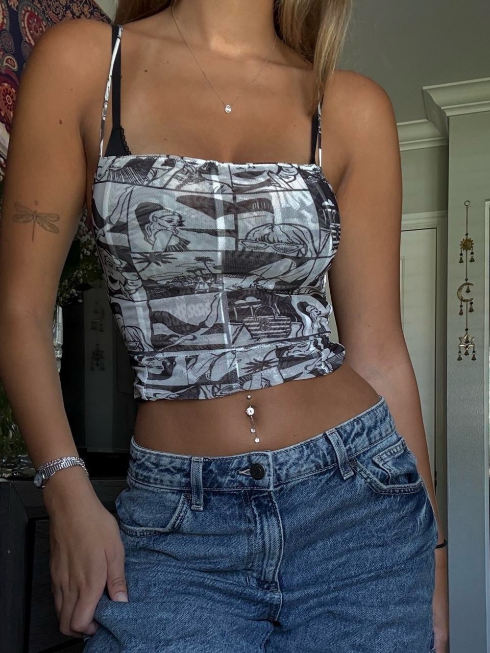 Zara Black & White Graphic Square-Neck Cropped Cami
